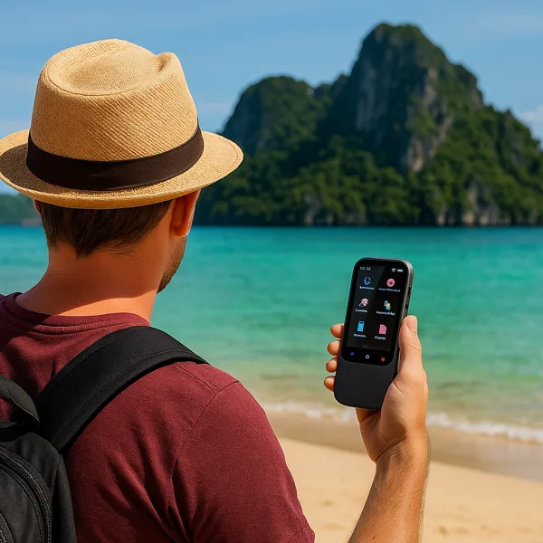 Un voyageur au chapeau tient le S80 Pro au bord de la mer