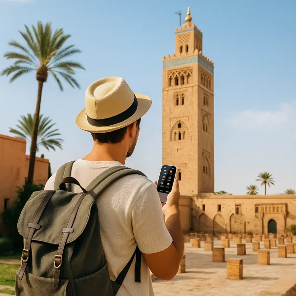 Un voyageur tient le S80 Pro devant la Koutoubia, à Marrakech