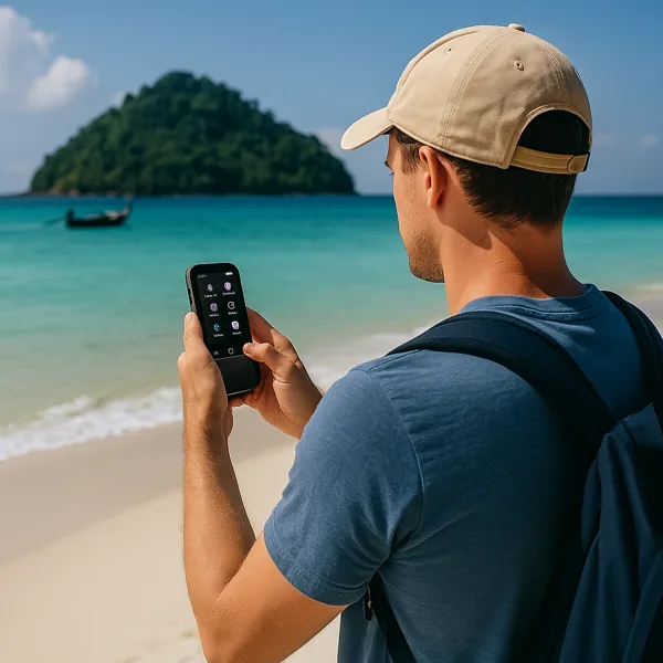 Un voyageur consulte le S80 Pro face à une île